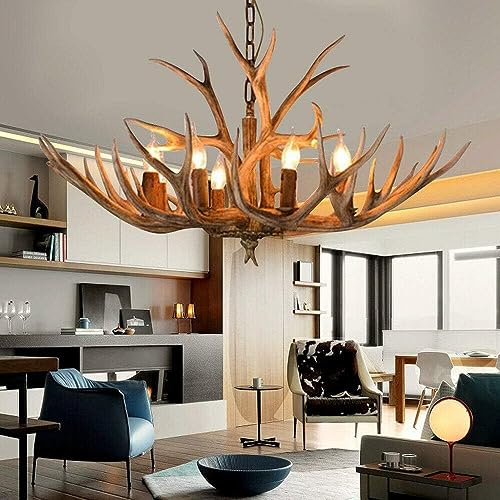 JUUTALK Retro Geweih Kronleuchter, 6-Kopf Lichter Geweihlampe E14 Glühbirne, Geweih Deko Deckenleuchte Hängelampe, für Wohnzimmer, Bar, Hotel