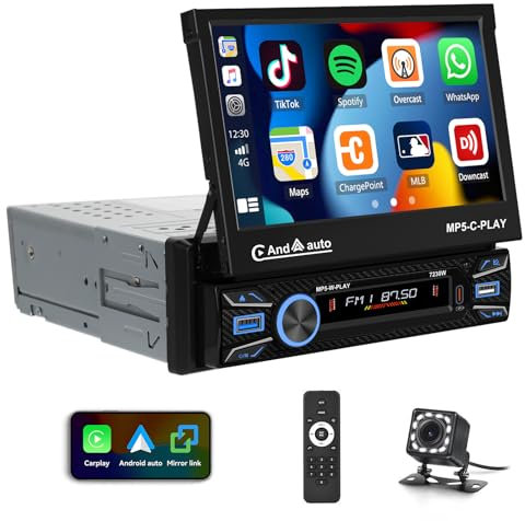 1 Din sans Fil Carplay Android Auto Autoradio avec 7 Pouces Motorisé Flip Out Écran Tactile Poste Radio Voiture Bluetooth Lien Miroir FM USB AUX SD Caméra de Vision Arrière Commande au Volant