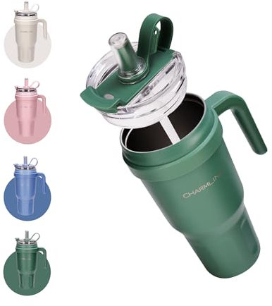 Charmline Borraccia Termica 1,2L con Cannuccia e Coperchio, Bottiglia Grande Capacità per Bevande Calde e Fredde, Perfetta per Casa, Ufficio o Palestra, Verde