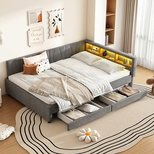 Polsterbett Schlafsofa 140x200, Doppelbett mit LED-Licht&USB Ladefunktion&2 Schubladen&Ablagefach, Funktionsbett Tagesbett Kinderbett Jugendbett Bettgestell mit Lattenrost, Leinen, Ohne Matratze, Grau