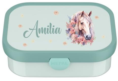 Mepal Brotdose Pferd personalisiert, Lunch Box Kinder mit Fächern, Brotzeitdose Campus mit Name bunter Aufdruck (mint)