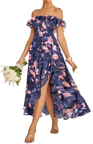 Women's Floral Elegant A-Line Casual Jersey Dress Long Swing Stretchy Dresses CL214-02 L Navy Blue