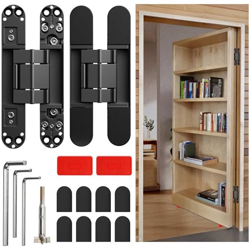 Loodmeo 6inch Hidden Door Hinges,Invisible Hinges Concealed Hinges Zinc Alloy 180 Degree Swing Hinge 3 Way Adjustable Butt Hinge 6 x 2.5 x 1 inch Black (Black, 6in-15cm)