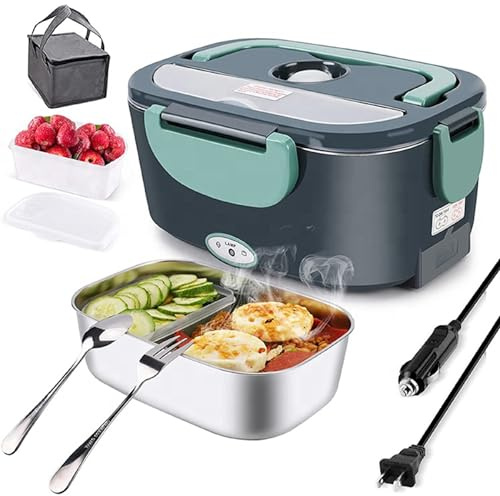 Porta Pranzo Elettrico Portatile 4 in 1 - Box Pranzo 1,5L Rimovibile in Acciaio - 12V/24V Auto e Camion + 220V/240V Casa e Ufficio - Con Forchetta, Cucchiaio e Borsa Trasporto - 60W