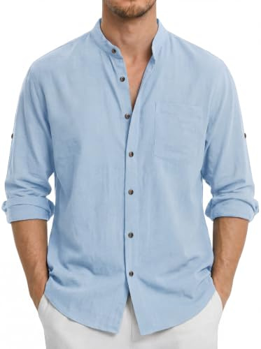 Enlision Mens Light Blue Linen Shirts Long Sleeve Grandad Shirts Henley Cotton Button Down Summer Beach Holiday with Pocket M