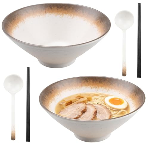 Doafoce Lot de 2 Bols Ramen 24 cm Grands Bol a Ramen En Plastique Mélamine Aisselle Japonaise Avec Cuillères et Baguettes Bol Soupe Pour Nouilles,Udon, Soupe, Pho, Salade, Pâtes - 1100 ml