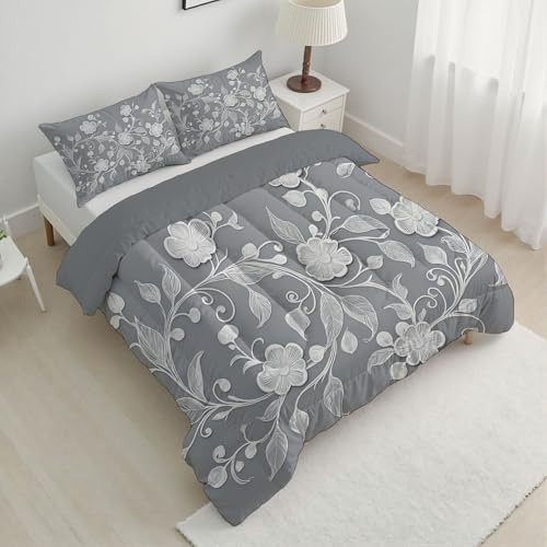 Bettdecke 200x200 cm 4 Jahreszeiten, Schlichter Und Eleganter Stil Vierjahreszeiten Grau Steppdecke, Warme Ganzjahresdecke Blumen Ranken Bettdecke ohne Bezug, Waschbar Schlafdecke mit 2 Kissenbezug