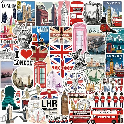 Alethron London Sticker, 100 Stück Großbritannien Aufkleber, London Bus England Stickers, Britische Sehenswürdigkeiten Reise Aufkleber für Koffer Laptop Wasserflaschen Gepäck