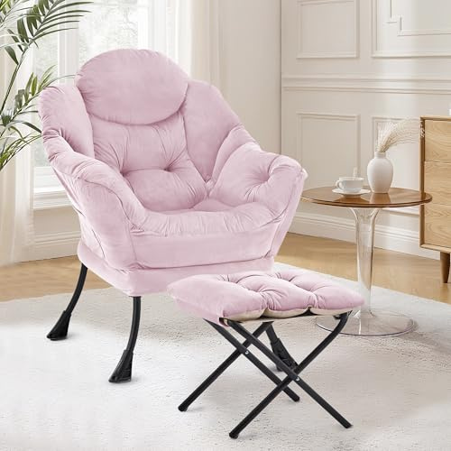 XH.Easy Go Lazy Chair mit Ottomane, Sessel Wohnzimmer Ohrensessel mit Hocker, Lesesessel Bequem Armchair Lounge Sessel mit Fußhocker, Relaxstuhl Relaxsessel mit Fußstütze, Seitentasche, Rosa