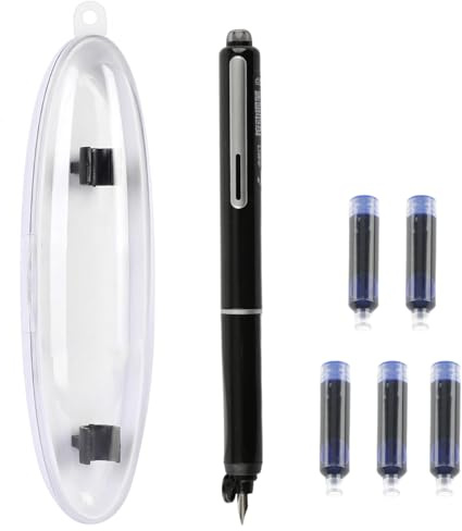 wellrun Retractable Fountain Pen,0.38mm Blue Ink Erasable Pen Includes 5 Refillable Cartridges,Smooth Writing No Leaking,Press Fine Nib Fountain Pens for Beginners,Pupils,Students(Black)