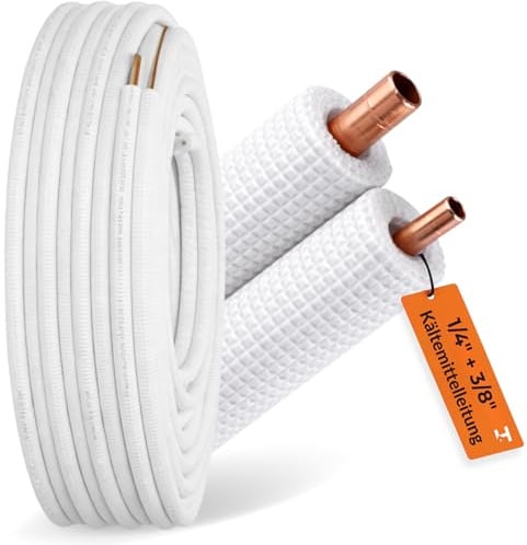 HausHeld® Doppelrohr Klimaanlage 1/4 x 3/8 – 10 m | Kupfer-Verbundrohr vorisoliert Split-System Kältemittelleitung R32/R410A/R407C | Wandstärke 1,0 mm | PE-Isolierung BL-s1,d0 | ohne Bördelung