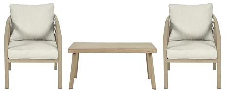 Koll Living Lounge-Set Amber | Outdoor Sitzgruppe mit Gartensofa, Gartensesseln & Tisch | Stahl in Holzoptik | wartungsfrei, UV- und witterungsbeständig ((3-TLG.) 2X Gartensessel + Gartentisch)