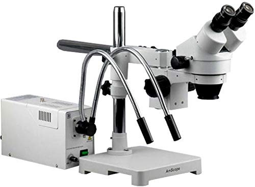 AmScope SM-3B-FOD Stereo-Zoom-Mikroskop am Boom mit Glasfaser-Schwanenhalslicht, 7X-45X, Weiß