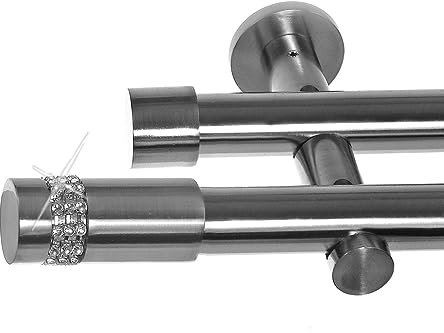 BASIT Gardinenstange 2 läufig 200cm lang Edelstahl Look I Gardinenstange doppelläufig Wandmontage Ø20mm mit Zylinder I In 120-600cm verfügbar H41