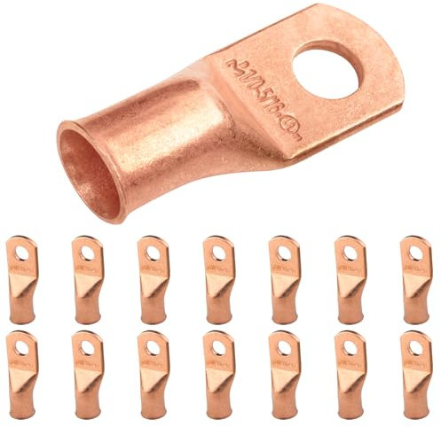 SELTERM 1/0 AWG (50 mm²) - 5/16 (M8) ⌀ Hole UL Heavy Duty Wire Lugs, Battery Cable Ends, Bare Copper Eyelets, Tubular Ring Terminal Connectors [B65] - 15 Pack