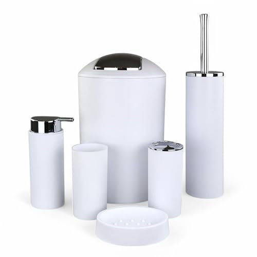 6tlg Badset Badezimmer Zubehör Set Organizer: Seifenspender, Zahnputzbecher, Kosmetikeimer, WC Bürste und Halter, Seifenschale, Mülleimer, Zahnbürstenhalter, Badgarnitur (Weiß Design 2a)