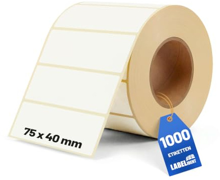 Labelident Thermoetiketten 75 x 40 mm - 1.000 Etiketten auf Rolle 76 mm Kern | thermodirekt bedruckbar, selbstklebend und permanent stark haftend für Thermodrucker