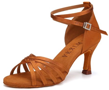 YKXLM Scarpe da Ballo Donna Latino Americane Professionali Salsa Tango Valzer Raso Scarpe Ballo Latino Donna,Tacco 7.5CM,Marrone,40EU