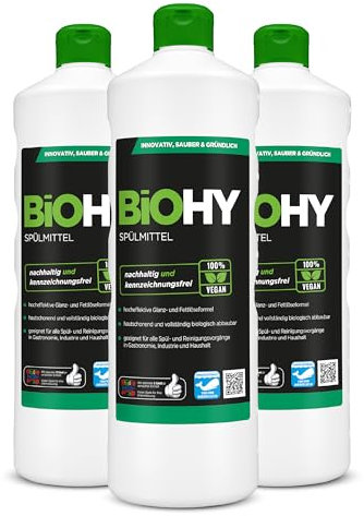 BiOHY Lavavajillas a mano (3 botellas de 1 litro) | Libre de fosfatos | libre de químicos dañinos y biodegradables | Adecuado para la restauración y el hogar (Spülmittel)