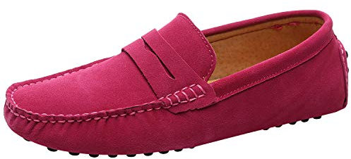 Jamron Uomo Pelle Scamosciata Penny Mocassini Comfort Scarpe da Guida Pantofole Fucsia S2088 EU40