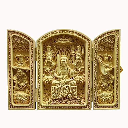 Schnitzskulptur Faltschachtel Schrein Holzschnitzerei Buddha Statue Sankai Buddha Buddha Buddha Mini Mini Buddha Bild Guardian Priest Figur,Beige