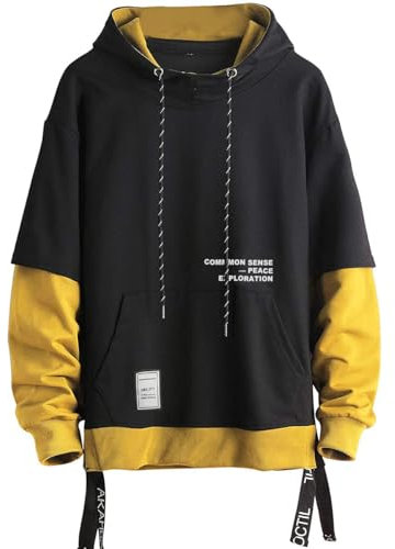 Moshtashio Kapuzenpullover für Herren, Patchwork Hoodie mit Kontrastfarbe Langarm Basic Sweatshirt Pullover mit Kapuze(Gelb,XL)