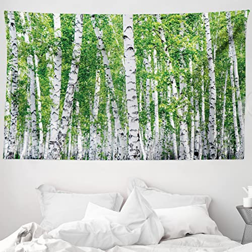 ABAKUHAUS Birke Wandteppich und Tagesdecke, Frische Sommer-Blätter aus Weiches Mikrofaser Stoff Waschbar ohne Verblassen Digitaldruck, 230 x 140 cm, Grün Weiß Schwarz