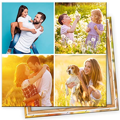Kunstlab Fotocollage. Deine 4 Fotos auf Leinwand 20x20 cm Quadratisch. Echtholz Keilrahmen. Personalisierbar. Fotogeschenk selbst gestalten. Sofort hochladen.