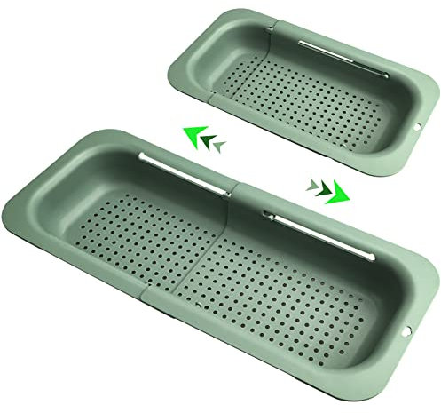 Komzon Colador extensible sobre el fregadero, cesta retráctil para lavar verduras y frutas, coladores de alimentos para drenar pasta y platos secos, coladores de plástico plegables para fregadero