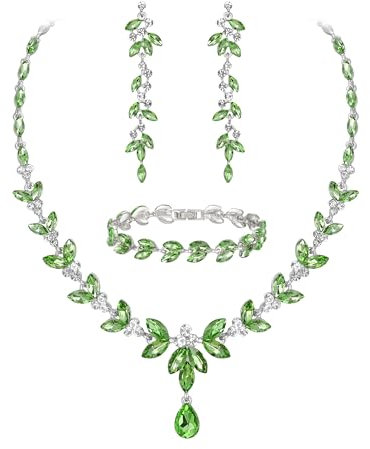 Ever Faith Austrian Crystal Bridal Bridesmaid Jewelry Sets, Elegant Marquise Rhinestone Leaf Necklace Dangle Earrings Tennis Bracelet Set Light Green Silver-Tone
