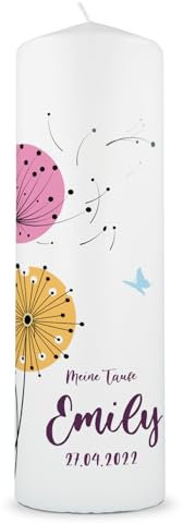 GRAVURZEILE Bedruckte Kerze - Taufkerze Löwenzahn - brilliant bedruckte Kerze zur Taufe - Personalisiertes Taufgeschenk für Mädchen & Jungen - Hochwertige Stumpenkerze 250/80 mm