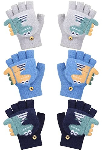 Bencailor 3 Paar Dinosaurier Kinder Handschuhe Halbfinger Gestrickt Fingerlos Winter Handschuhe mit Klappe (Blau, Marineblau, Grau)