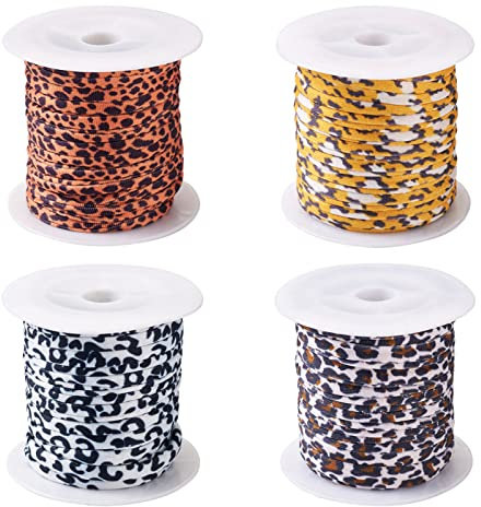 Craftdady 3 Rollen Flache Polyester-Schnur, elastische Schnur, Leopardenmuster, schmale Dehnbare Schnüre, weiche Seilfäden für DIY, Basteln, Nähen, Makramee, Schmuckherstellung