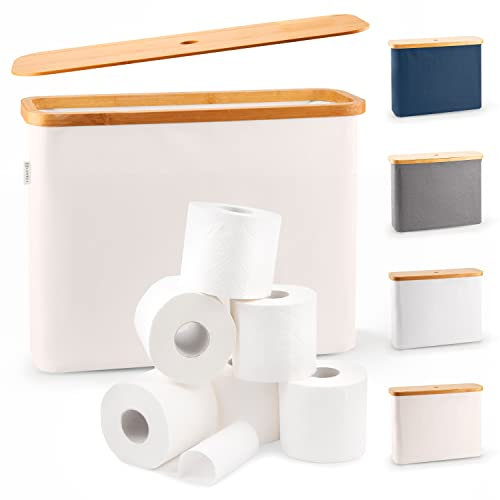 LONBET Rangement Papier Toilette pour 12 Rouleaux - Range Papier Toilette Pliable et Empilable avec Couvercle en Bambou - Organisateur de Salle de Bain Étanche et Élégant - Panier Papier WC Beige