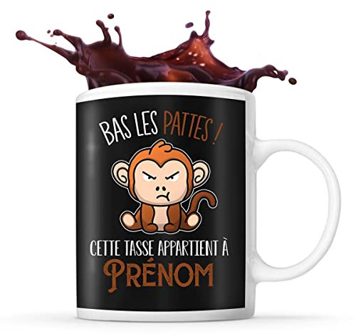 Planetee Tasse Prénom personnalisable Singe bas les pattes | Mug café ou thé idée cadeau personnalisé drôle et original pour collègue de travail famille et amis