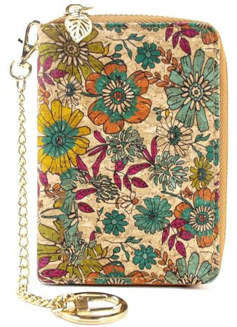 boshiho Vegane Kork-Geldbörse, Damengeldbörse, schlankes Reißverschluss-Design, mit Kartenhalter, Münzfach, umweltfreundlich, vegan, Geschenk, Blume A, 5.9*3.54*0.78inch, Geldbörse aus Kork