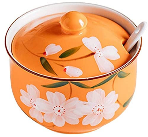 FülleMore Keramik Gewürzdose Gewürzgläser 300ml Zuckerdose mit Deckel und Löffel süße Blumenmuster Salztopf Aufbewahrungsdose für Küche Esstisch (Orange)