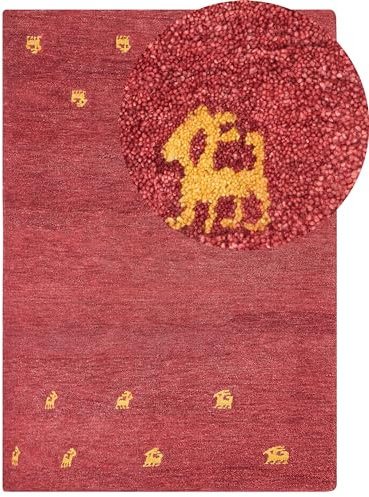 Beliani Gabbeh Teppich rot aus Wolle 160 x 230 cm Hochflor abstraktes Tiermuster weich Yarali