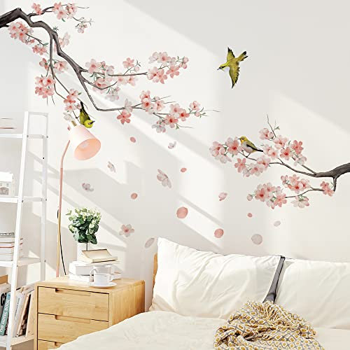 Runtoo Stickers Muraux Branche de Fleurs Rose Autocollants Mural Stickers Fleurs de Cerisier Oiseaux Deco Salon Chambre Enfants Bébé Décoration