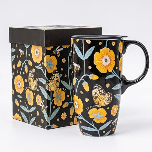 Topadorn Ceramic Travel Mug with Spill-Resistant Lid, 17oz / 500ml Tall Coffee Cup, Suitable for Home, Office, Holiday or Birthday Gift, Yellow Floral