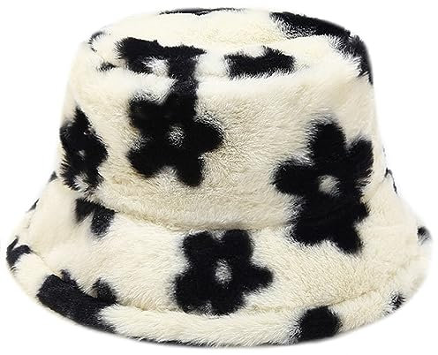 Malaxlx Damen Kleine Blume Plüsch Fischerhut Wintermütze Flauschige Bucket Hat Warme Anglerhut
