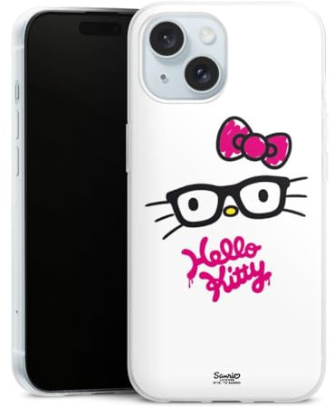 Slim Case extra dünn kompatibel mit Apple iPhone 15 Silikon Handyhülle transparent Hülle Hello Kitty Kindheit Offizielles Lizenzprodukt