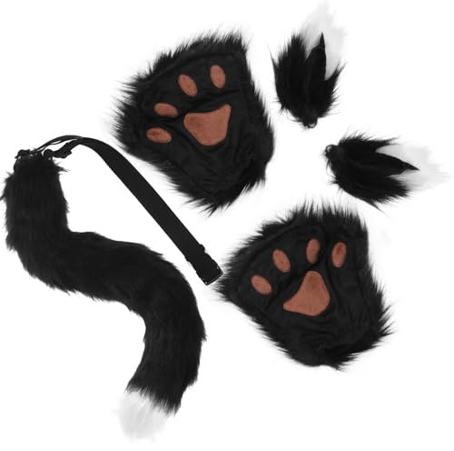 Kinsinder 5pcs Fuchsohren und Chwanz Set, Cosplay Kostüm Set Fox Wolf Cosplay Fuchs Kostüm Schwanz Clip Ohren und Plüsch Klaue Handschuhe Cosplay Fancy Dress Zubehör für Kinder Erwachsene (Schwarz)