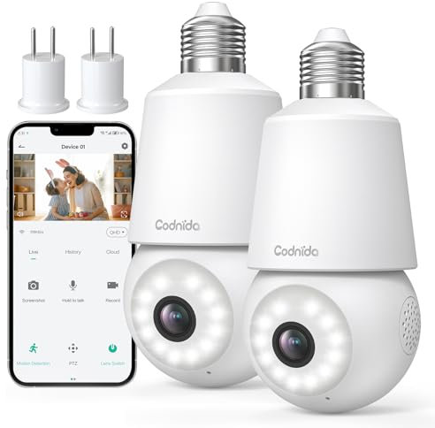Codnida 2PCS Camara Bombilla Vigilancia WiFi Exterior/Interior 2K, PTZ 360 Grados IP Camaras Domicilio con 24/7 Grabación Continua, Visión Nocturna Inteligente en Color, Detección de Movimiento