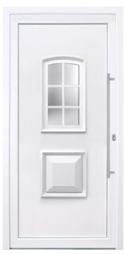 Haustür Komplettset aus PVC mit Stahlverstärkung, Wärmeschutzglas, 5-fach Verriegelung & 900 mm Edelstahl-Griffstange I Farbe: Weiß I DIN rechts I Modell: Basilika I 2080 x 980 cm