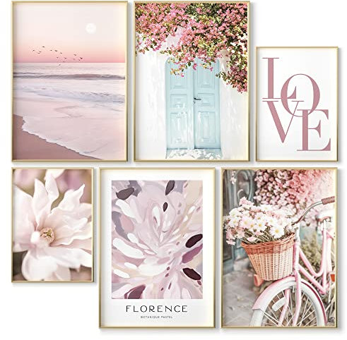 OHBIMBA® Sets Von 6 Poster & Kunstdrucke Zum Einrahmen - Rosa Zimmer Deko Und Wanddeko Wohnzimmer - Boho Deko und Bilder Schlafzimmer - Strand Wanddeko - Größe 4X A3 + 2X A4 - Ohne Bilderrahmen