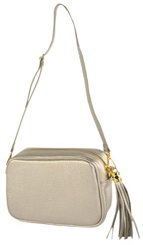 modamoda de - T240 - kleine Umhängetasche aus ital. Echtleder, Farbe:Lightgold Metallic