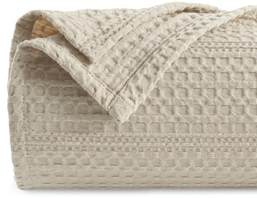 PHF Lightweight Waffle Weave Blanket Queen Size 90x 90, Soft Woven All‑Season Blanket for Hot Sleepers - Aesthetic Home Decor for Couch Bed Sofa, Pet Friendly, Natural/Linen