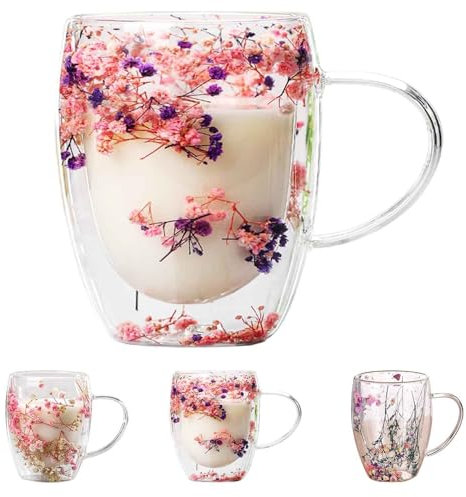 UNAGRI Flores Secas Vasos De Doble Pared,Tazas De Café Vidrio, Doble Pared Taza De Vidrio Aislado Con Flores Secas, Tazas De Café De Vidrio Con Mango (D)