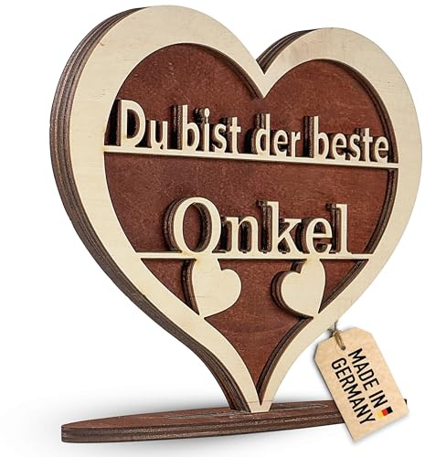 Urhome Holzherz mit Spruch Du bist der Beste Onkel - 21 x 18 cm Holz Herz mit Ständer - Deko-Herz Geschenk zum Geburtstag Weihnachten
